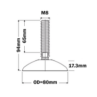 30-M8D80-1 MODULAR SOLUTIONS PLASTIC FOOT 80MM PAD, M8 STEM W/ JAM NUT